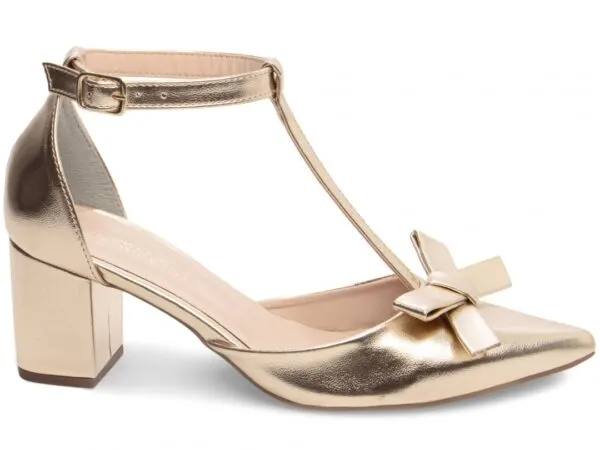 Scarpin Tira em T Salto Grosso com Laço – cor Dourado, vista lateral
