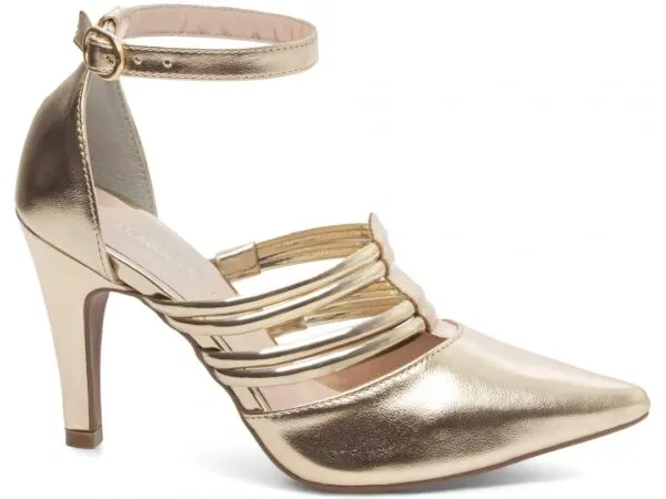 Scarpin Tiras Metalizadas Salto Fino 9 cm – cor Dourado, vista lateral