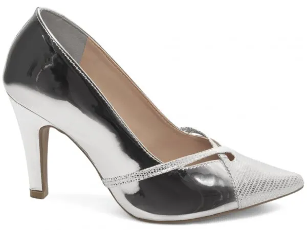 Scarpin Metalizado Salto Fino 9 cm Croco – cor Prata, vista lateral