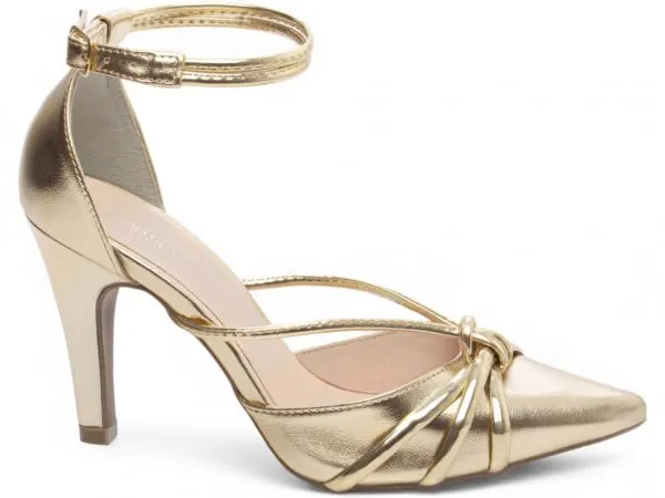 Scarpin Salto Fino 9 cm Tiras em Nó – cor Dourado, vista lateral