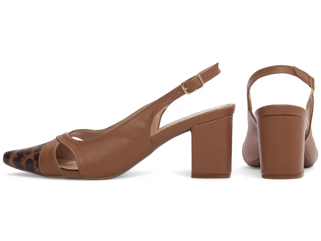 8b83d81cc958f3c6c2416338d5a876bb Scarpin Slingback Caramelo Bico Onça – vista frontal e traseira
