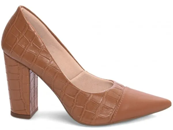 Scarpin Croco Salto Grosso 9 cm – cor Caramelo, vista lateral