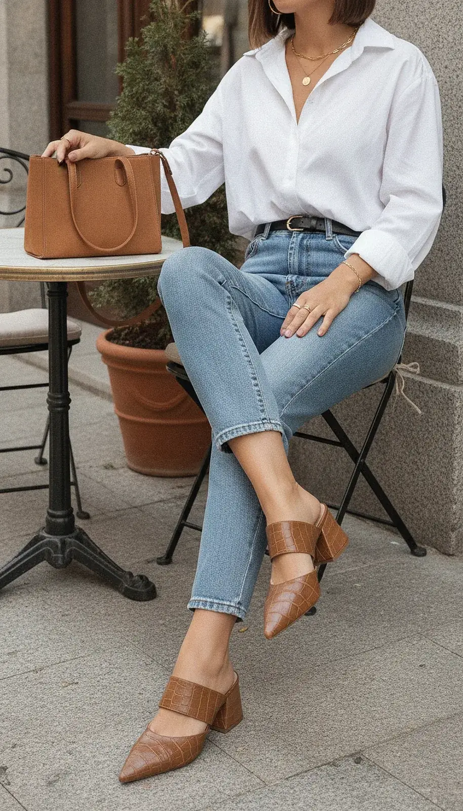 Mulher de jeans sentada no café usando mule caramelo