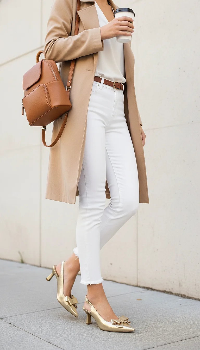 Sobre Mulher de casaco camelo e calça branca usando scarpin dourado