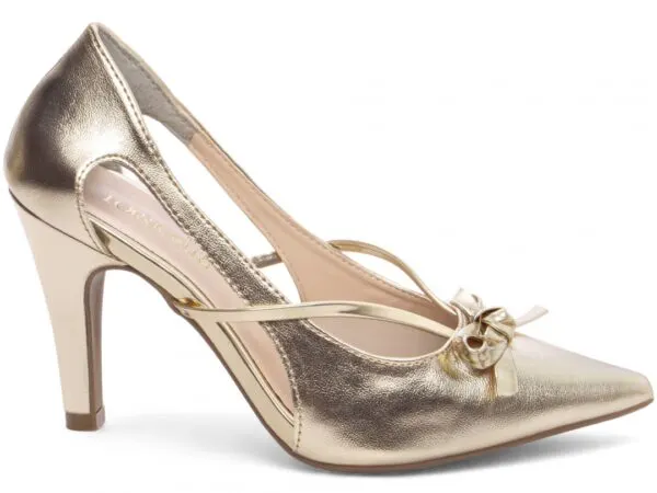 Scarpin Salto Fino 9 cm Laço Metalizado – cor Dourado, vista lateral