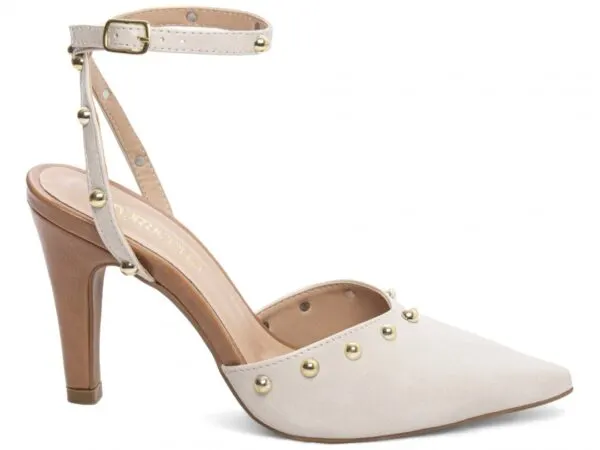 Scarpin Tira no Tornozelo Apliques Dourados – cor Off White, vista lateral