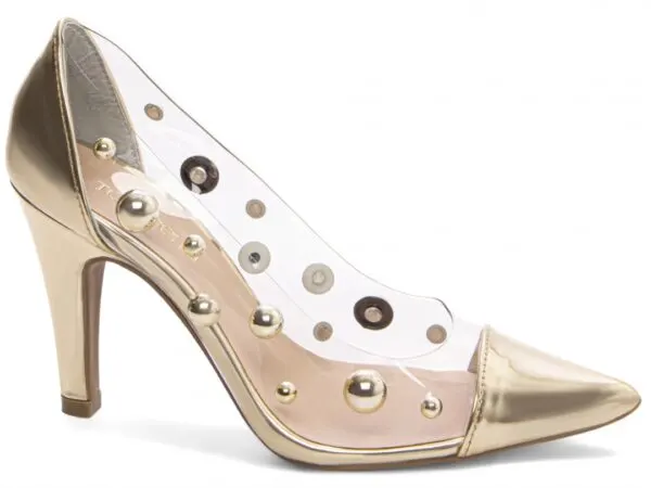 Scarpin Dourado Transparente Salto Fino 9 cm – vista lateral