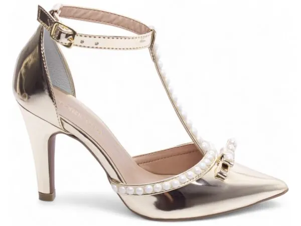 Scarpin Tira em T com Pérolas Salto Fino – cor Dourado, vista lateral