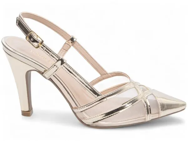 Scarpin Slingback Metalizado Salto Fino 9 cm – cor Dourado, vista lateral
