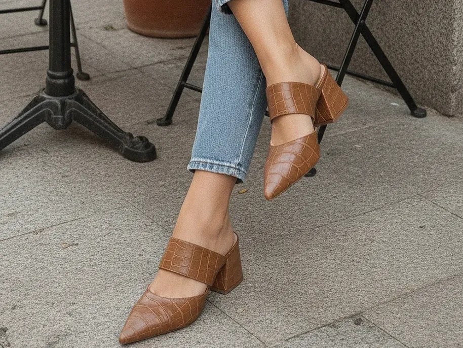 Mulher de jeans sentada no café usando mule caramelo