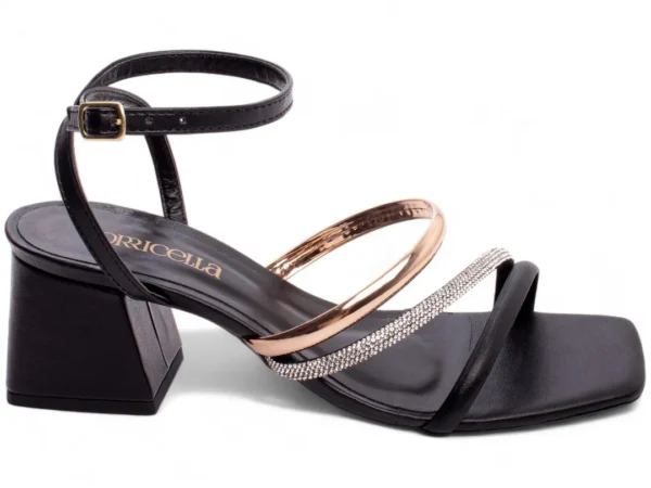 Coleção Sandália Salto Grosso 5,5 cm com Strass Preto