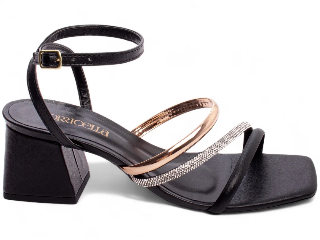sandália salto grosso 5,5 cm com strass preto Sandália Salto Grosso 5,5 cm com Strass Preto