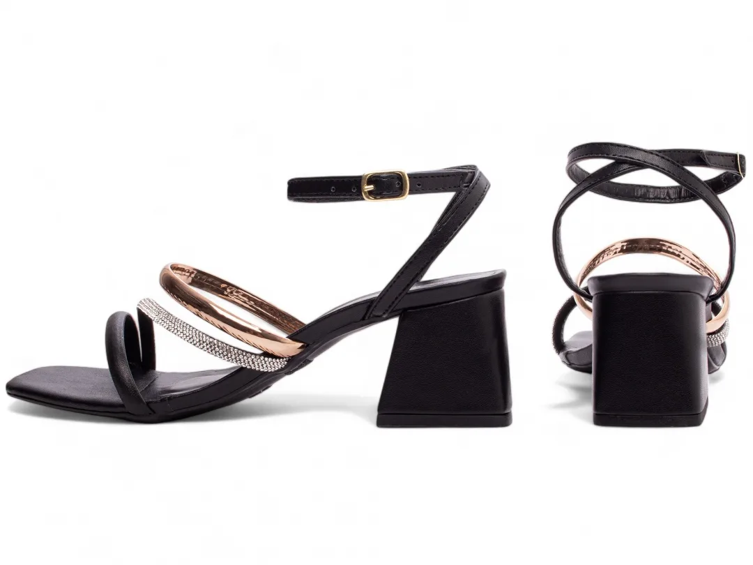 sandália salto grosso 5,5 cm com strass preto Sandália Salto Grosso 5,5 cm com Strass Preto