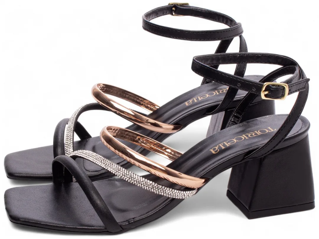 sandália salto grosso 5,5 cm com strass preto Sandália Salto Grosso 5,5 cm com Strass Preto