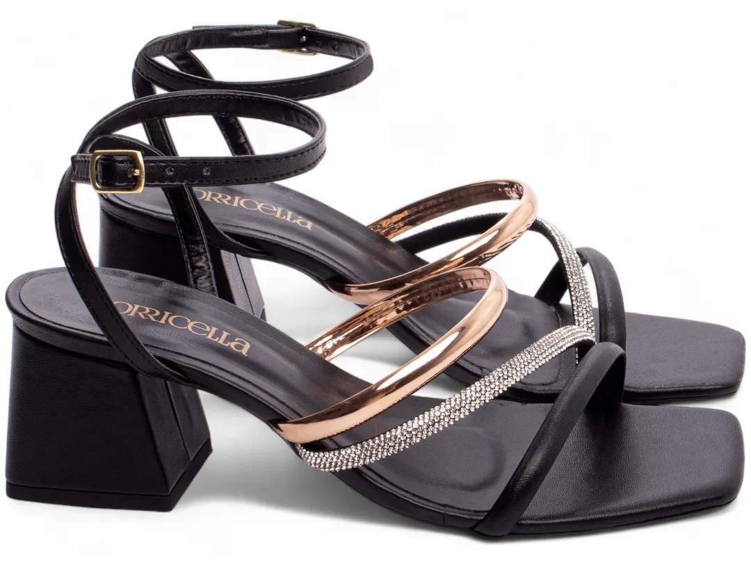 sandália salto grosso 5,5 cm com strass preto Sandália Salto Grosso 5,5 cm com Strass Preto