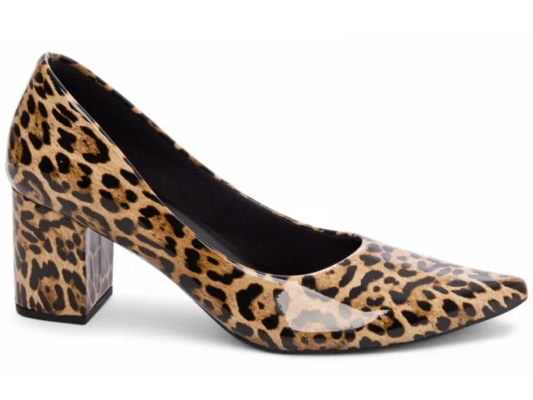 Coleção Scarpin Dourado Metalizado Salto Grosso Onça